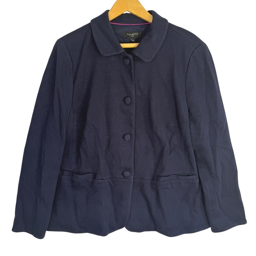 Talbots Woman Navy Blue Knit Blazer Peter Pan Collar Button Front Jacket 18W